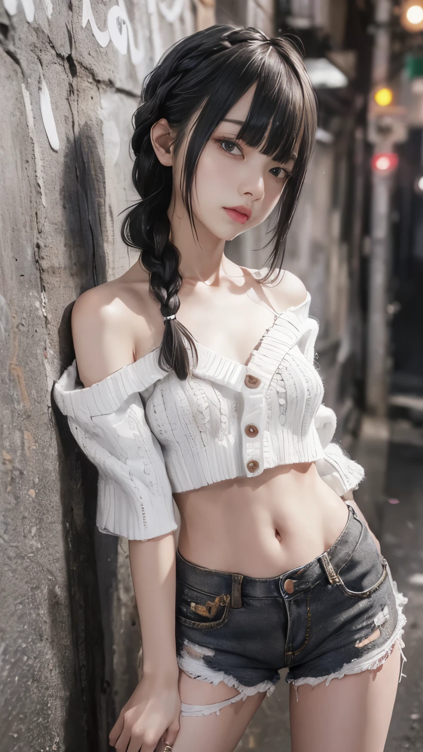 RAW Photos, 8k, (Highest quality), Realistic, (live-action, Intricate details), (Natural skin texture, Detailed skin, Hyperrealism, Sharpness), (Japanese  girl standing in a dirty back alley at night, graffitied wall:1.3, Sexy pose), ((White knit sweater, Off the shoulder, Black shorts)), (((Flat Chest:1.5))), (Pale skin:1.2), ((Gray Hair, Braid, Blunt bangs)), (Fascinating face, Provocative look, Lips parted:1.3), thigh, graffiti:1.5, trash can, at night, Spot lighting:1.3, Full Body Shot
