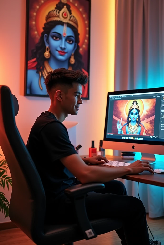 A 21 year old boy with short hair side fade cut kali tsirt black jogger pant is sitting on a chair with a smile on his face and there is a computer on the table in front of him on the screen of which he is editing the video of Lord Krishna in his room. In my room, there is a photo of Lord Krishna on the wall and nearby there is a photo of Lord Shiva and at the bottom of the wall there is a YouTube symbol and Fact Crater is written in front of it.