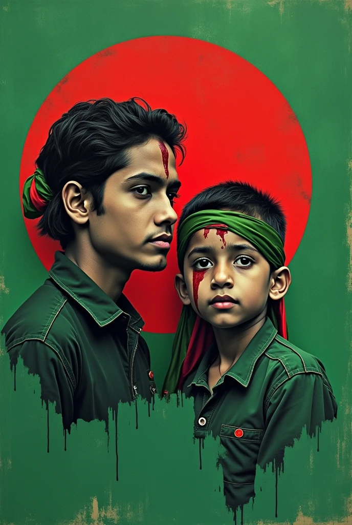 সবুজ মানচিত্র বাংলাদেশের , মাঝে লাল বৃত্ত, বৃত্তের মধ্যে একটা যুবক ছেলে আর একটা ছোট  ছেলের মুখ, মাথায় পতাকা বাধা,তাদের মাথা ফেটে রক্ত পড়ছে, বিপ্লবী, 2018 থেকে 2024