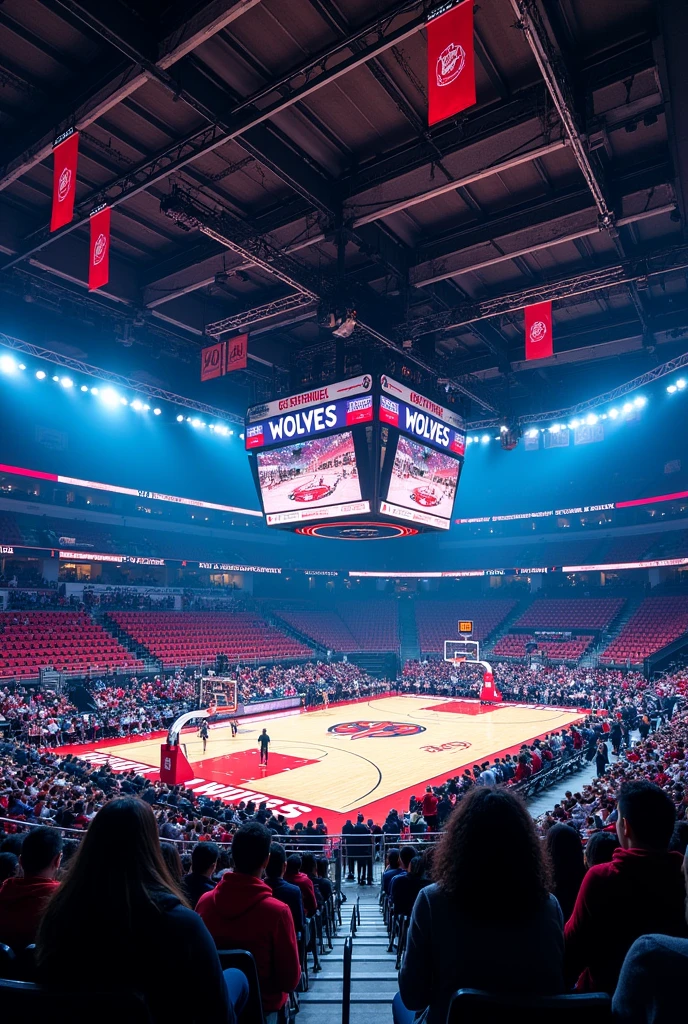 The Crescent Valley Wolves stadium is a striking, state-of-the-art facility that exudes energy and intensity. The exterior is sleek and modern, with bold steel beams and glass panels reflecting the LA skyline. Massive LED screens display the Wolves’ logo and highlights, pulsing with electric excitement. Inside, the arena is designed for a roaring crowd—tiered seating wraps around the court, creating an intimate yet intense atmosphere. The hardwood floor shines under bright lights, with the Wolves' emblem emblazoned at center court. Banners of past victories hang from the rafters, reminders of the team’s legacy and high expectations.