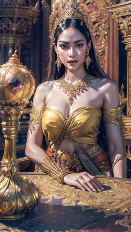 all men stare at a beautiful javanese princess in a skimpy dress, masterpiece, best quality, best quality, official art, beauty and aesthetics: 1.2), (masterpiece: 1.3), (8K, realistic, RAW photo, best quality: 1.4), beautiful tanned face, bare arms, sitting upright in a see-through dress, medium breasts, upper body photo (photorealistic face), very high resolution, ultra photo realism, very detailed, golden ratio, (with dynamism: 1.3), (saturation: 1.3), illusion engine, (high detail: 1.9), (woman: 1.4), (medium breasts), javanese princess, The background is a palace full of treasures, men stare at the javanese princess, dramatic: 1.8), (Shining scepter: 1.5), (laying on the table: 1.4), Mysterious symbols