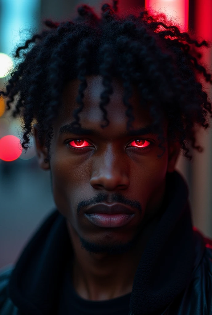 Black man with black sclera red pupils with moderately long black but curly hair close-up