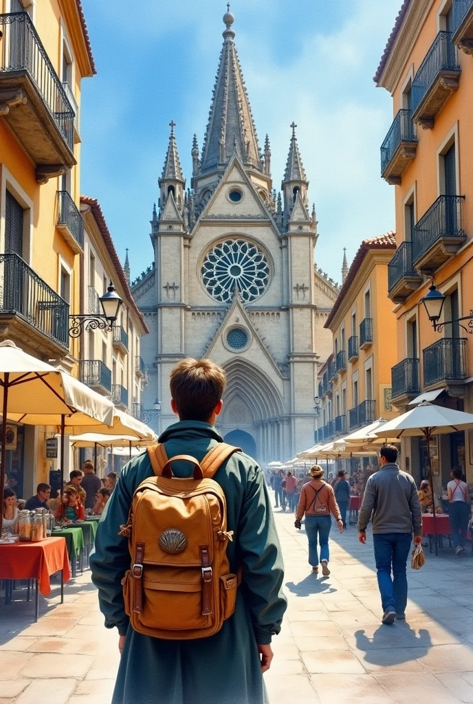 A watercolor painting of a pilgrim in the city of Santiago de Compostela today.