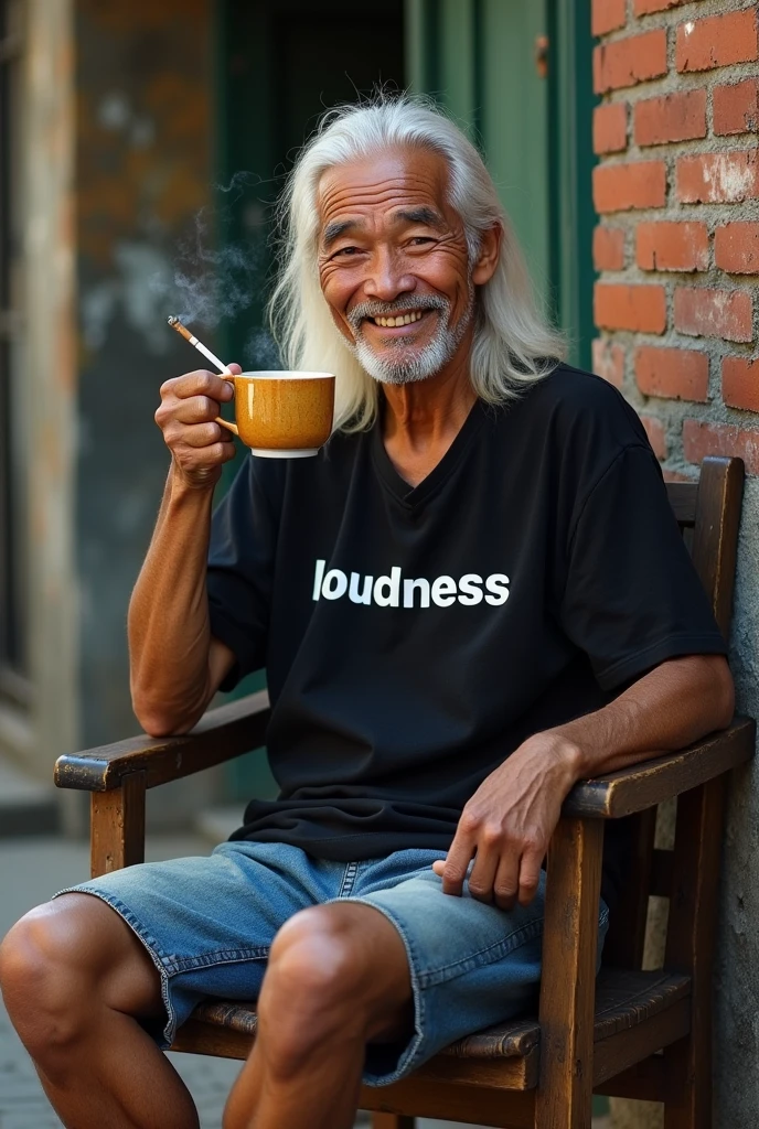 (photorealism:1.2) realistic high detailed definition Malay old man sitting on chair left hand hold cup of coffee and right hand hold cigarette smile face background filthy bricks wall on the street morning mode sunlight effect silhouette wearing shirt black shirt wrote loudness full body wearing glasses long white hair short jeans