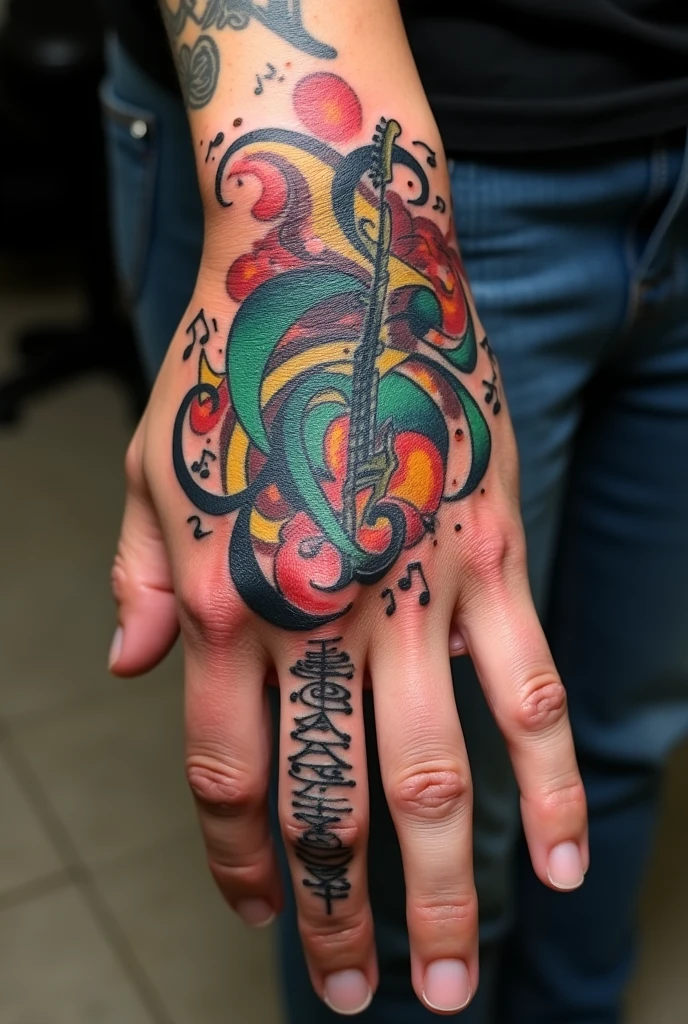 Tattoo on right hand, fan of the musical group Maná