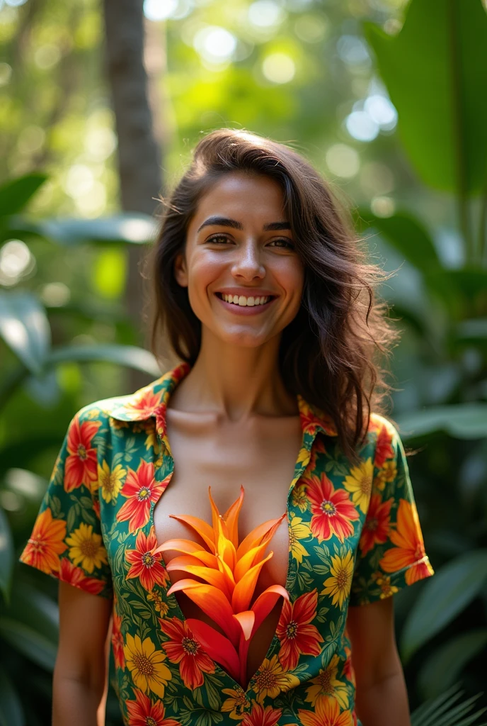 A Brazilian woman in a lush tropical garden, wearing an open shirt with a floral print, with a close-up capturing the harmonious beauty between her breasts and the natural flowers, showing off your natural charm and outgoing personality.