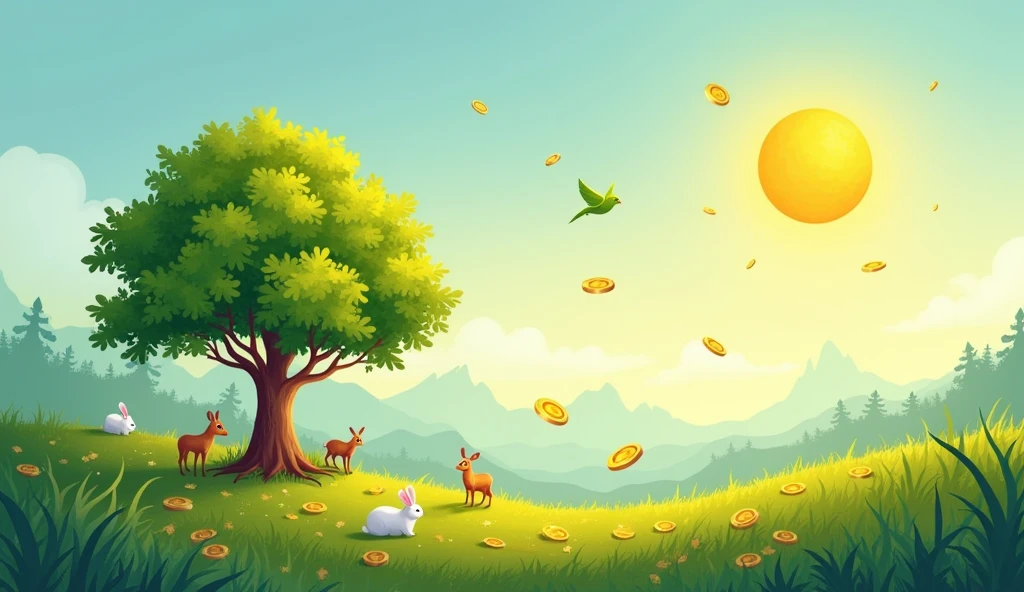 A vibrant vector art wall painting in landscape orientation. The scene features a 2D-shaped 'Kalpa Vriksha' as the central focus, with the sun well above the tree, casting a warm glow. Very few small gold coins gently falling from the tree are clearly visible. The surrounding area includes lush green grass with small animals like deer and white rabbits near the Kalpa Vriksha. The sky is a soft blue morning hue with a few cute birds and green parrots flying. The colors are vibrant and designed to match yellow color palletes.