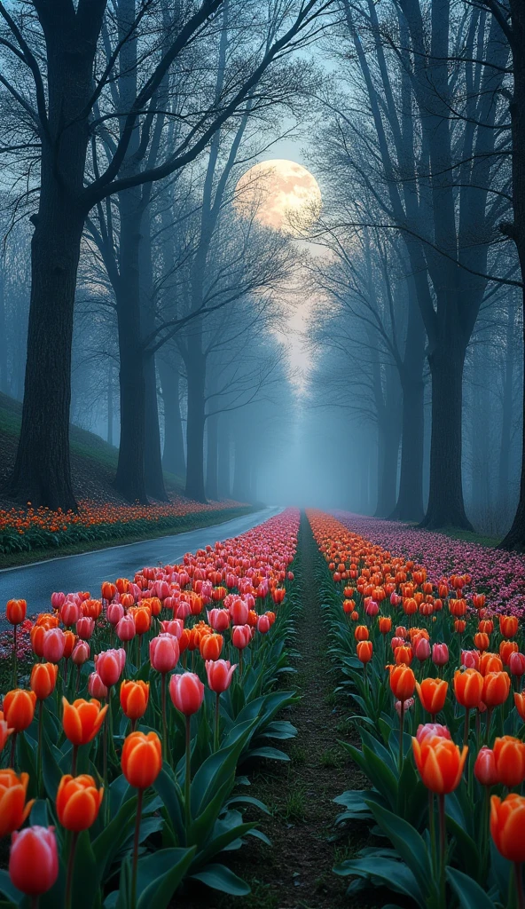 tthere are trees  a road is passing through it, so many flowers bloom up and evening time moon light reflects on flowers

