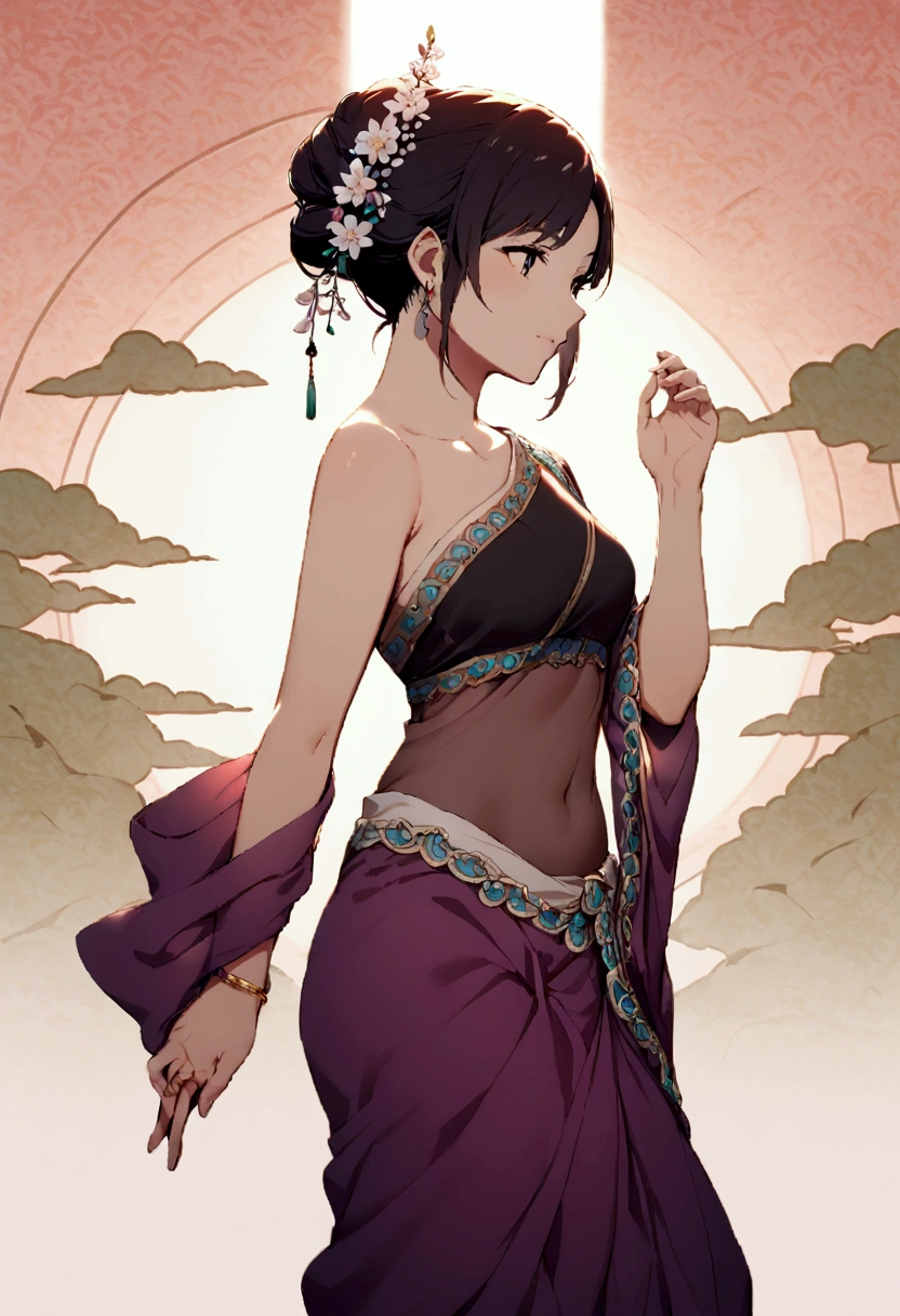 Shinobu wearing saree, no  blouse, one hand raised, japanese background 