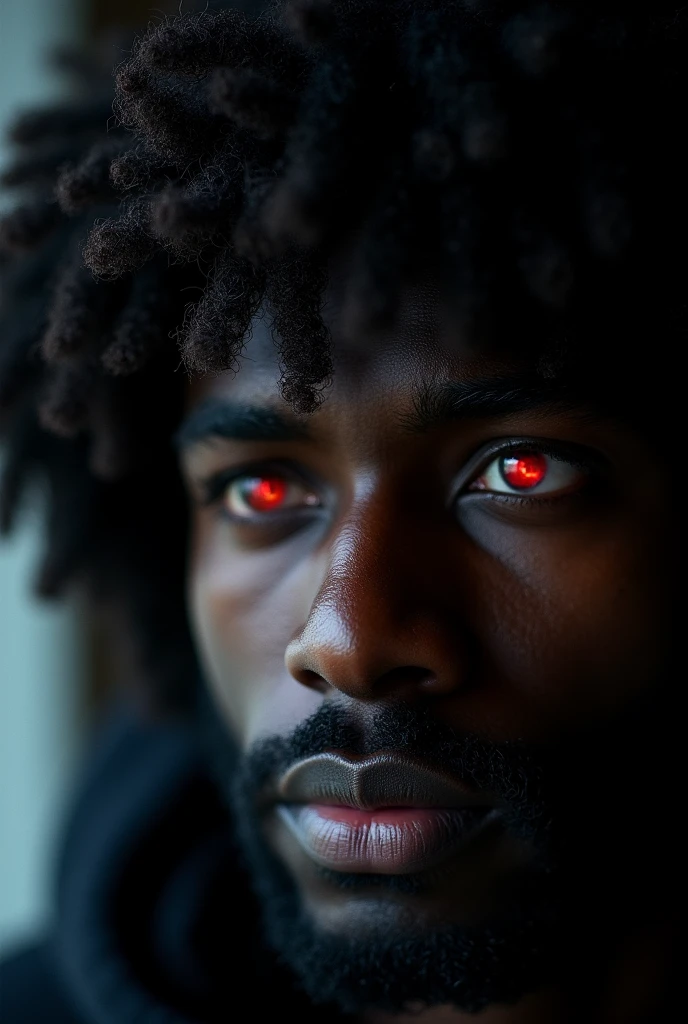 Black man with black sclera red pupils with moderately long black but curly hair close-up