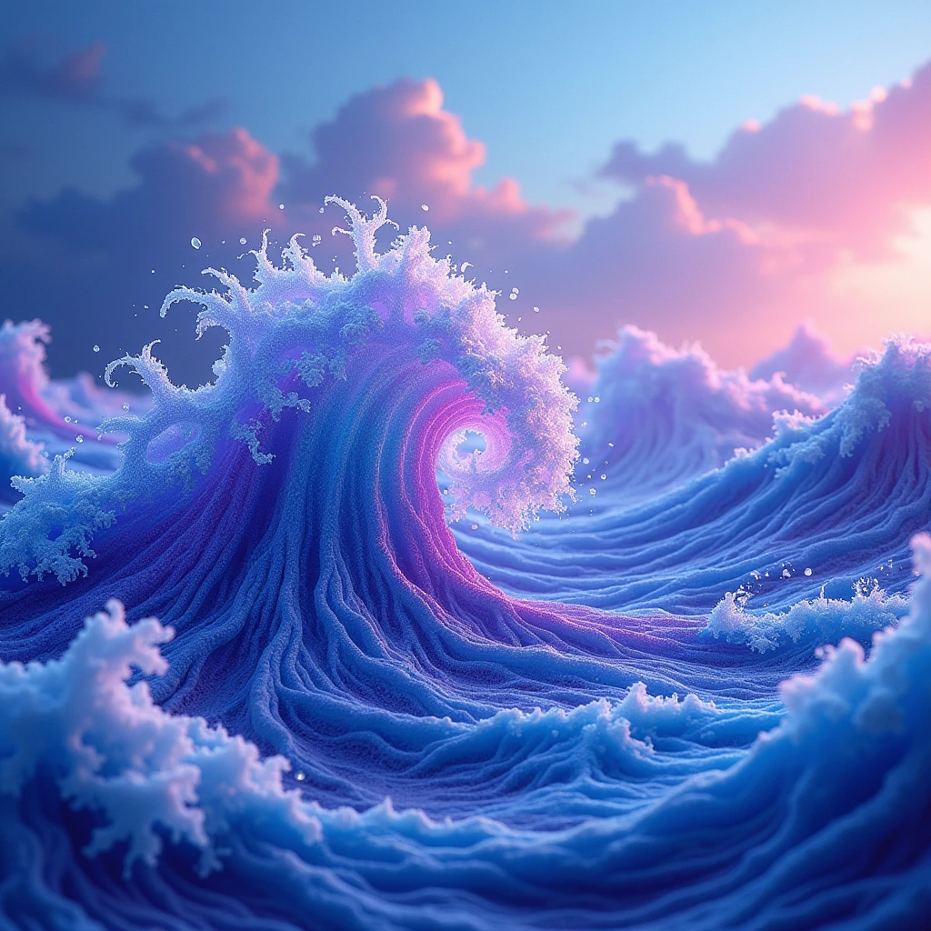 with a wave and swirl print in psychedelic shades of blue, violet and magenta, with white details that highlight the patterns.