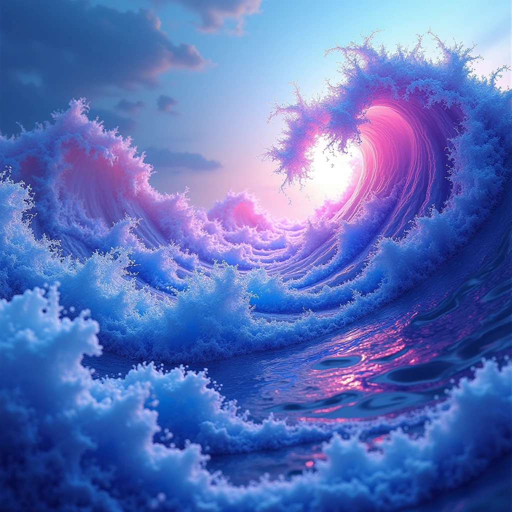 with a wave and swirl print in psychedelic shades of blue, violet and magenta, with white details that highlight the patterns.