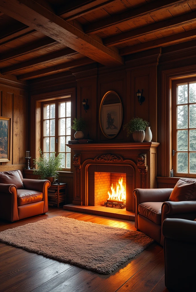 Hyperrealistic image of a wooden room with a fireplace 