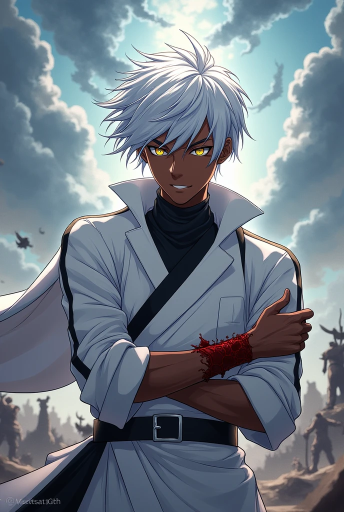 A black male anime character with white hair and golden pupils, wearing white clothing with black accents. , but he is injured