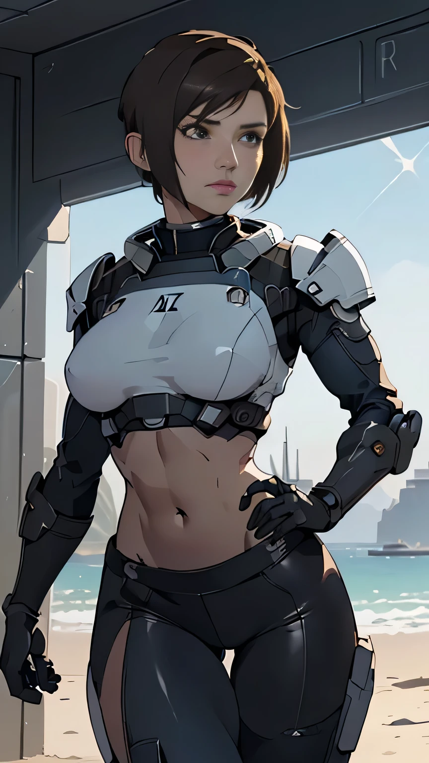 photo of mlp Meowko, RAW, beautiful woman, ((portrait)), ((detailed face:1.2)), ((anime face, anime facial feature, clear skin, glossy anime lips, clear skin), (short lesbian haircut, brunette: 1.55), (perfect proportioned body, Strong, muscular, narrow waist, narrow hips, skinny, large breasts, exposed belly button and abbs), ((she wears a detailed tactical N-7 gear, white Mass Effect armor, bare arms, simple shoulder armor, leather combat pants, bare midriff, no gloves:1.1)), running, ready for combat, aircraft carrier, military, ocean, (realistic photo, best quality, detailed), (8k wallpaper), (bright cinematic lighting, lens flares, beautiful light, (noon:1.3)) (sharp focus, intricate)