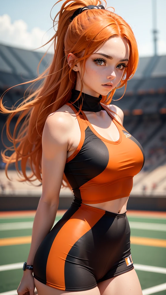 Create an image for me of a beautiful athlete with copper-colored hair and a sports uniform where the top is orange with black stripes and the bottom is black with orange stripes. She should be well-centered in the middle of the scene on an athletics track. 