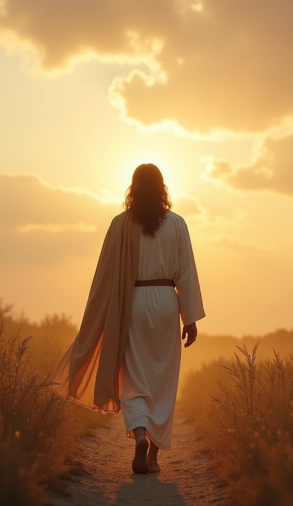Draw a scene of Jesus with his back to the viewer, Walking towards the horizon. He should be wearing a simple tunic and a cloak, With long hair and a visible beard. The background should show a wide, open horizon, With soft, warm tones that suggest a sunset or sunrise. The atmosphere should be peaceful and contemplative, Reflecting a feeling of tranquility and hope.