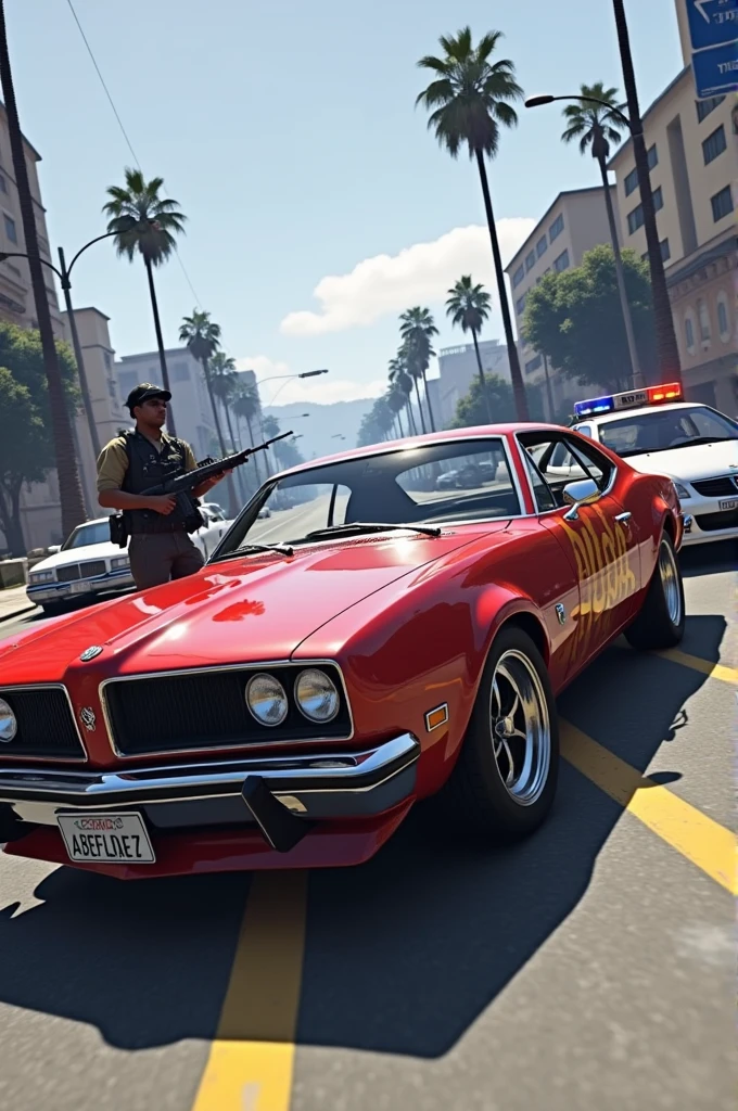 In GTA 5 game Abelfaz written car, armed gangsters next to it and police cars behind