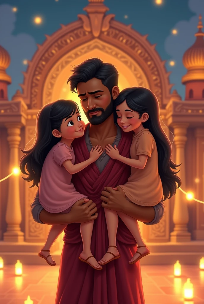 A married man holding his two daughters in his arms praying in front of a hindu temple cartoon 
