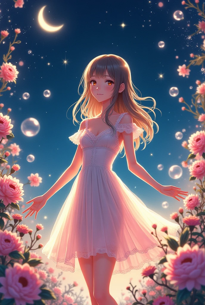 A magical night。Surrounded by soap bubbles, flowers, and gears。A sheer dress that hides the elegant skin.。Medium Hair。Side hair is layered、The bangs are straight and reach the eyes。
Kyoko Fukada、Japanese face。
A gentle gaze。Round face。
the body is large。Selfish Body。155cm80kg
4 head body
Thin, raised eyebrows、Sharp down-turned eyes、Smiling with outstretched arms and calling