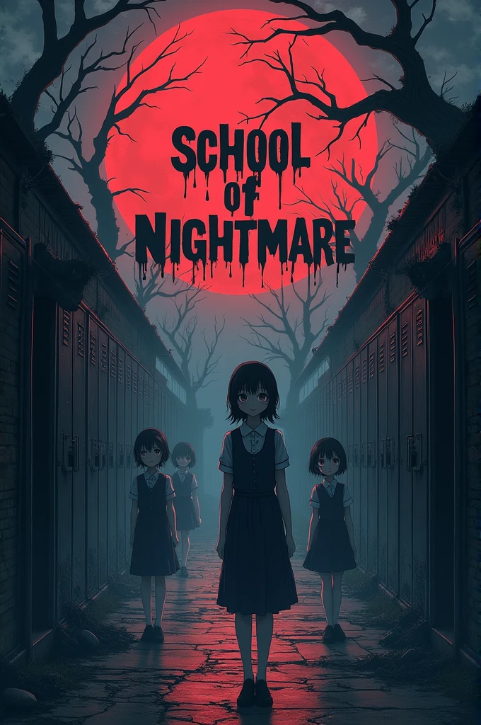 Generate a background that has the word School of Nightmare with an anime and horror theme.