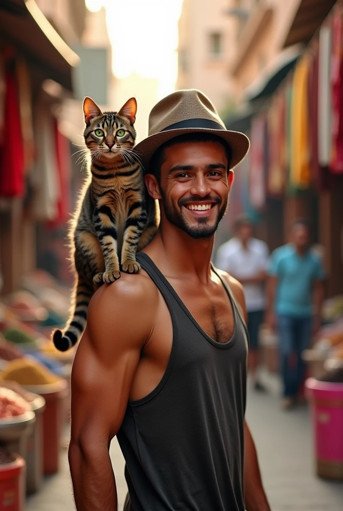 A 22-year-old North African with a goatee, short hair athletic body charming look carrying a cat on his shoulder with a hat on his head