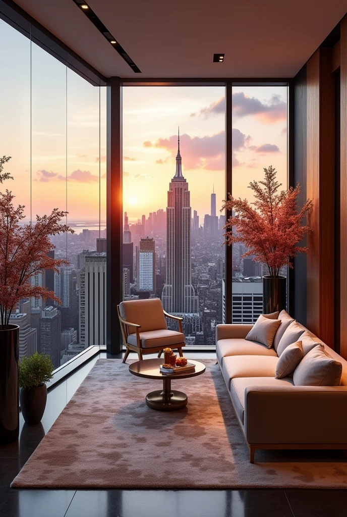 Create a really beautiful office for me, my own penthouse with the awesome view of the New York skyline should be 1/2 flowers should be present and everything should be very modern, kept simple and elegant, so very rich ￼