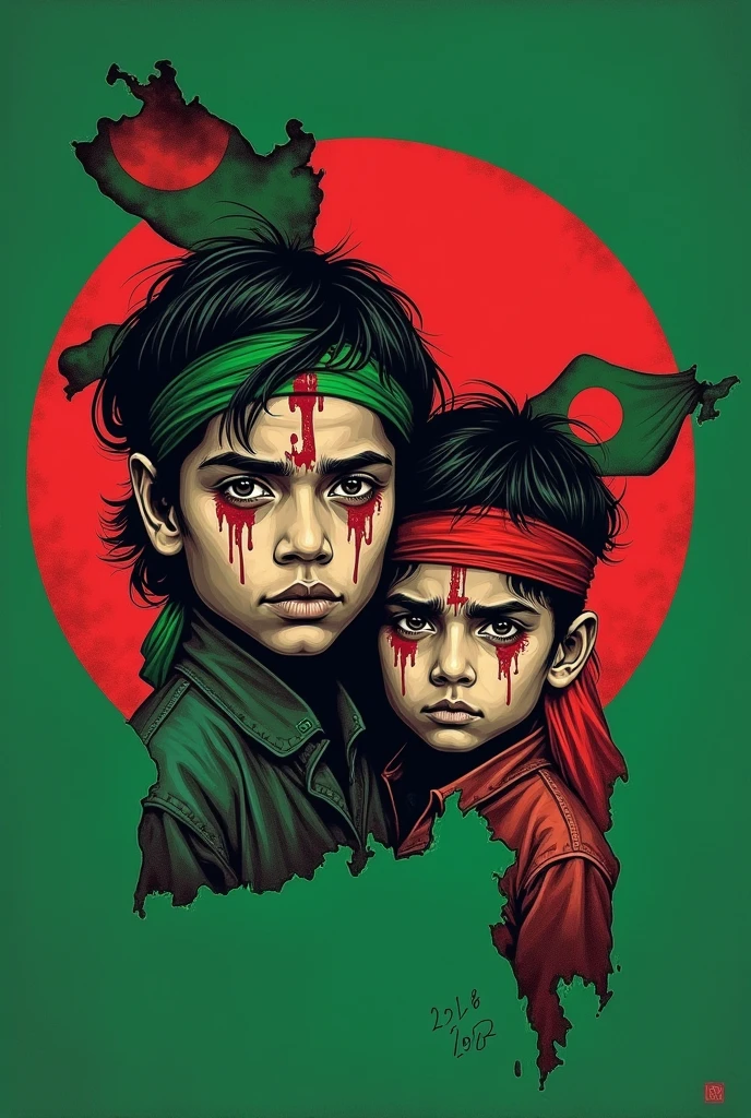 সবুজ মানচিত্র বাংলাদেশের , মাঝে লাল বৃত্ত, বৃত্তের মধ্যে একটা যুবক ছেলে আর একটা ছোট ছেলের মুখ, মাথায় পতাকা বাধা,তাদের মাথা ফেটে রক্ত পড়ছে, বিপ্লবী, 2018 থেকে 2024।