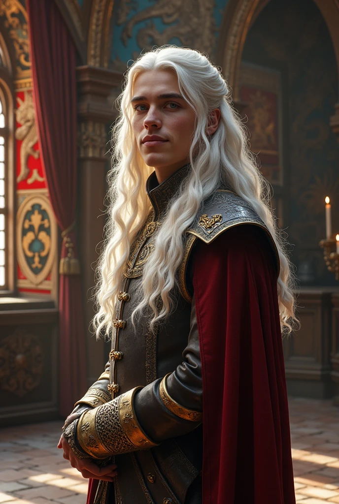 A young Targaryen king with long, wavy white hair and gentle violet eyes, greeting.
