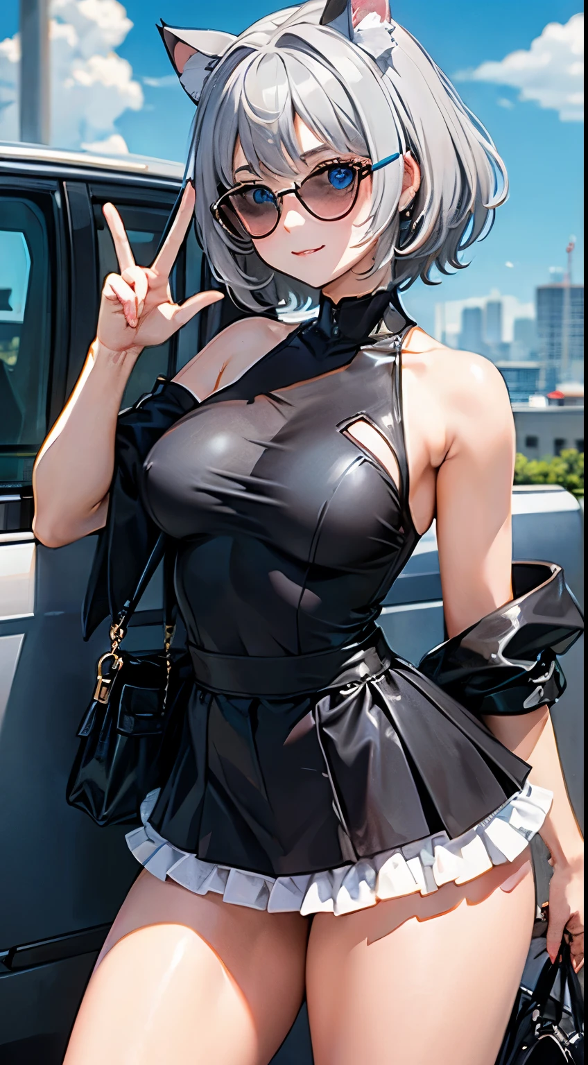 (masterpiece), (best quality), (High quality), expressive eyes, perfect face, 1girl, (grey cat ears: 1.5), BREAK, (medium hair, grey hair, pixie cut), BREAK, (big eyes, perfect eyes, blue eyes, thick eyelashes), (heart shaped sunglasses), BREAK, (thin eyebrow), BREAK, (short height), slim bulid, BREAK, happy smile, BREAK, (medium breasts), BREAK, (cropped tanktop), (micro skirt), BREAK, (standing), ((v sign)), cowboy shot, (city background), looking at the viewer