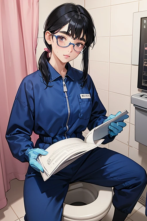 A black-haired elementary school student with freckles and glasses, wearing a blue long-sleeved jumpsuit over large pink rubber gloves.　Thick eyebrows　Dirty toilet