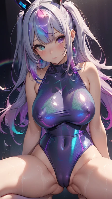 (to you:1.8.(Twin tail curly:1-3).(One breast exposed:1.9).(Composition from below:1.9)、(Exposing the nipples:1.9).(Bunny earmuffs:1.3)、(Composition from the front:1.1).(Squat, Spread your legs:1.8)、(Cowboy Shot:1.8)、(High-leg sexy swimsuit with glossy purple holographic gradient:1.9)(Browsing Caution:1.8).(Glowing Skin:1.8).(Wet Skin:1.3).(Huge breasts:1.9).(Nipples are visible:1.9).Exposing the breasts:1.5).beautiful ,最high quality、Best image quality、masterpiece、((Top model at age 20、 By becoming、Best Bust、The tea that opened my heart、shining eye,((Heterochromia iridis, (右eye, red colored 右eye iris)(左eye, gray purple colored 左eye iris), eye; Red and gray purple)), (Holographic color hair、Rainbow Gradient Hair Color:1.2), Silver red smooth and glossy top model hairstyle, Straight silk bangs, Cut in a straight line hair and bangs, Blunt bangs+Cut in a straight line, long and smooth hair、thin,Highest valley、black 、Shiny blue short skirt、shoulder jewelry ,Diamond Earrings、Wristband、black gloves)),high quality、beautiful芸術、background((School Area))、Flight、flying debris、Written boundary depth、movie、Visual Arts、Perfect art、8k,Genuine、Dynamic Performance