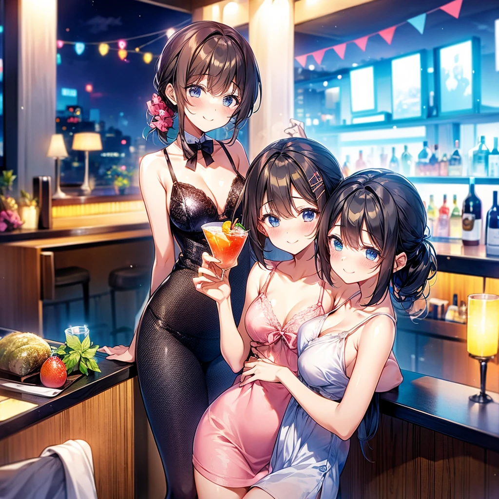Stylish bar、Cute hairstyle（random）、Cute outfits（random）、Drink a tail、illumination