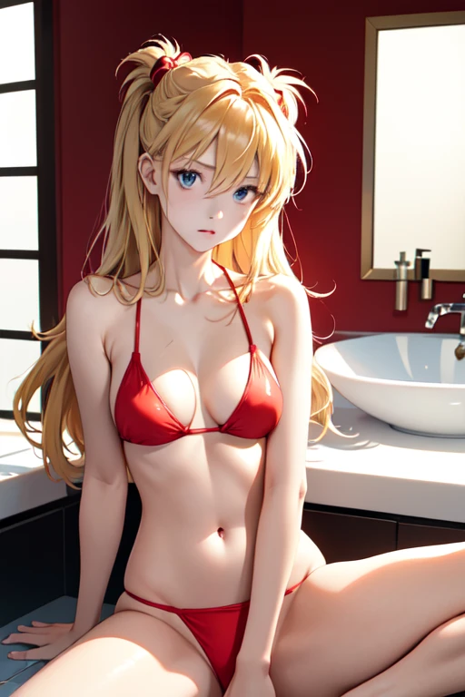 (masterpiece, best quality), 1girl, beautiful face, beautiful body, souryuu_asuka_langley, hair between eyes, solo, bright expression, natural small breast, cleavage, slim, thin, tall, blonde reflected light, red bikini, collarbone, silky shiny skin, see through nipple, high resolution, sitting, perfect detailed anatomy, perfect arms, perfect fingers, navel, spread legs, soft light, bathroom