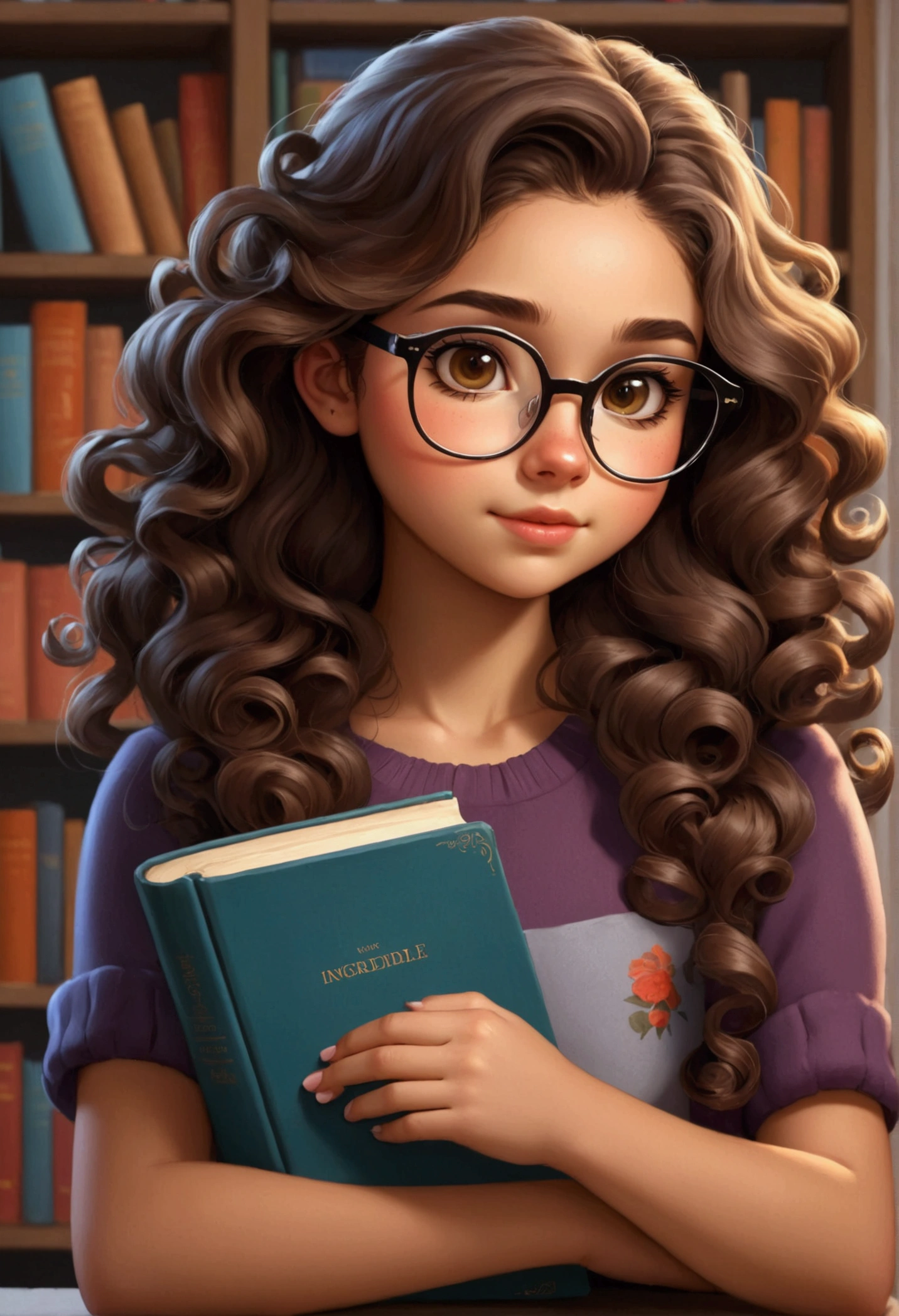  girl, brunette skin, curled hair, wearing glasses, holding a books