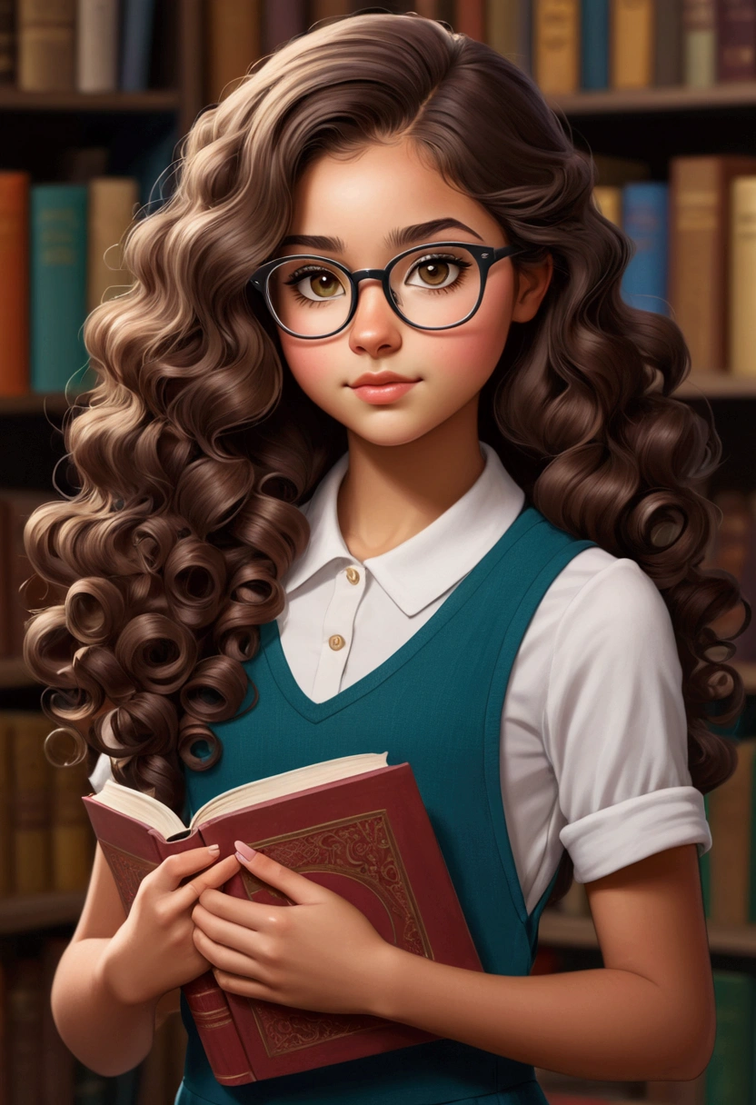 girl, brunette skin, curled hair, wearing glasses, holding a books