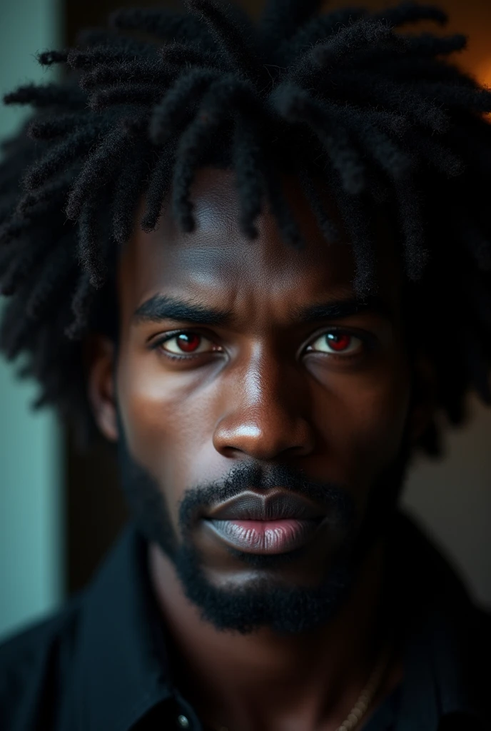 Black man with black sclera red iris with moderately long black but curly hair close-up