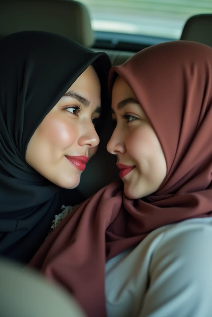 extreme close up of two beautiful teacher hijab indonesian lesbian girl laying down,bra and panties,french kiss,lesbian sex,,in a car,look to the viewer