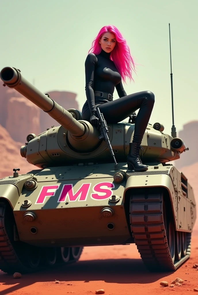 a woman with pink hair, sitting on the turret of a moving military tank. The tank should have the word "FMS" painted in large, bright letters on the side. The setting is outdoors, possibly in a Martian military environment and dramatic. The person is holding what appears to be a firearm and is dressed in dark clothing that contrasts with the bright color of the hair. Make sure the image has a sharp focus on the person. best qualityer, 3d