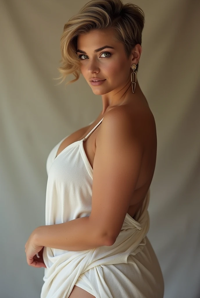 A beautiful and sexy young woman in her 30s posing for a camera, evening time, in sexy short cotton dress, big breasts, a very hot woman, a beautiful face, sexy sporty legs, a busty woman, dark background