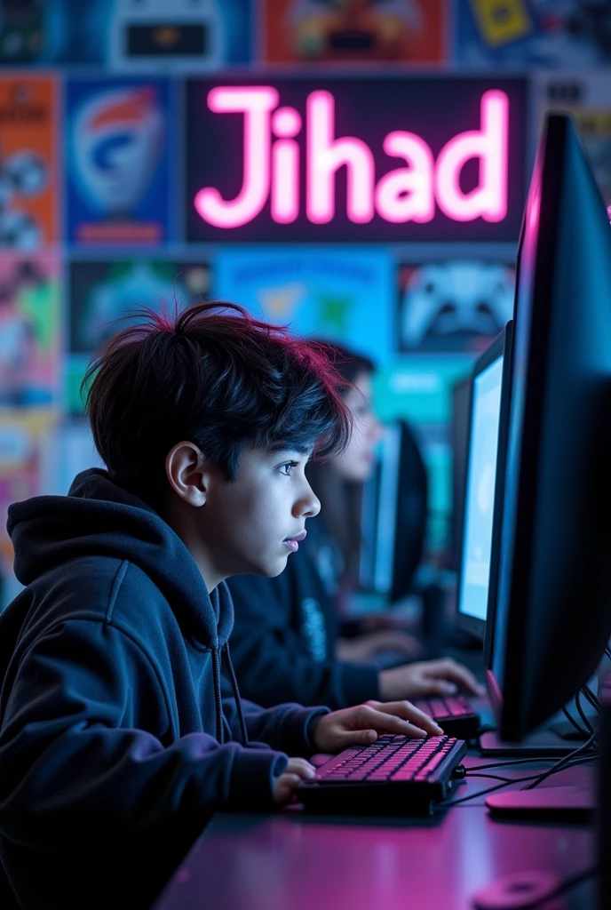 A young tenage 20yers old
boy sits and runs a computer with his name written as Jihad name showname show jihad