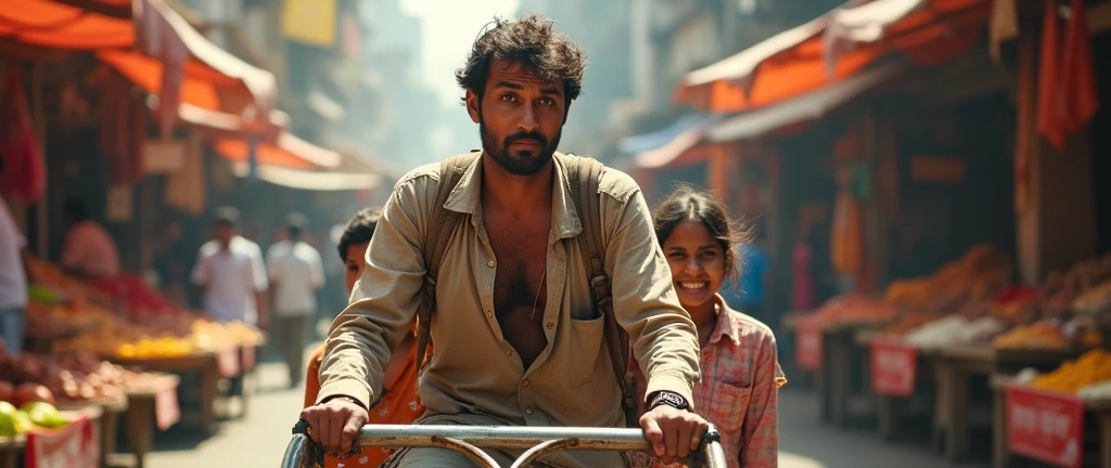A poor Indian man pulling a rickshaw and people sitting on it