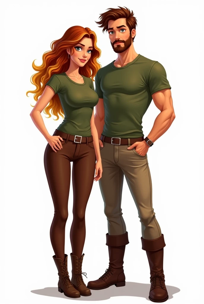Illustration 2D sur fond blanc. Femme, cheveux longs bouclés châtain avec un ombré hair blond, yeux noisettes, t-shirt vert militaire et pantalon d'équitation marron avec ceinture et boots marron.
Avec un homme, cheveux mi-longs châtain, yeux bleus, barbe d'une semaine, au t-shirt vert militaire