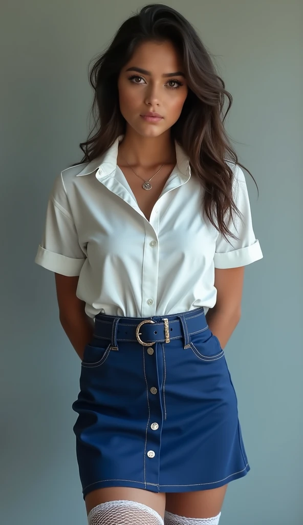masterpiece, realistic style, fashion styled photo, detailed eyes, (full body shot:1.2), 8k, (skinny body:1.2), curvy, (hands behind her back:1.2), seductive pose, looking at viewer, young , beautiful eyes, realistic lighting, detailed outfit, realistic facial features, hyper detail, (perfect angle, focus on face hips and breastegane:1.2), (very short dark straight hair:1.3), medium breast, micro blue tight skirt, very tight white shirt, short sleeves, collared shirt, belt, eyelashes, high white fishnet stockings, Maria Ryabushkina