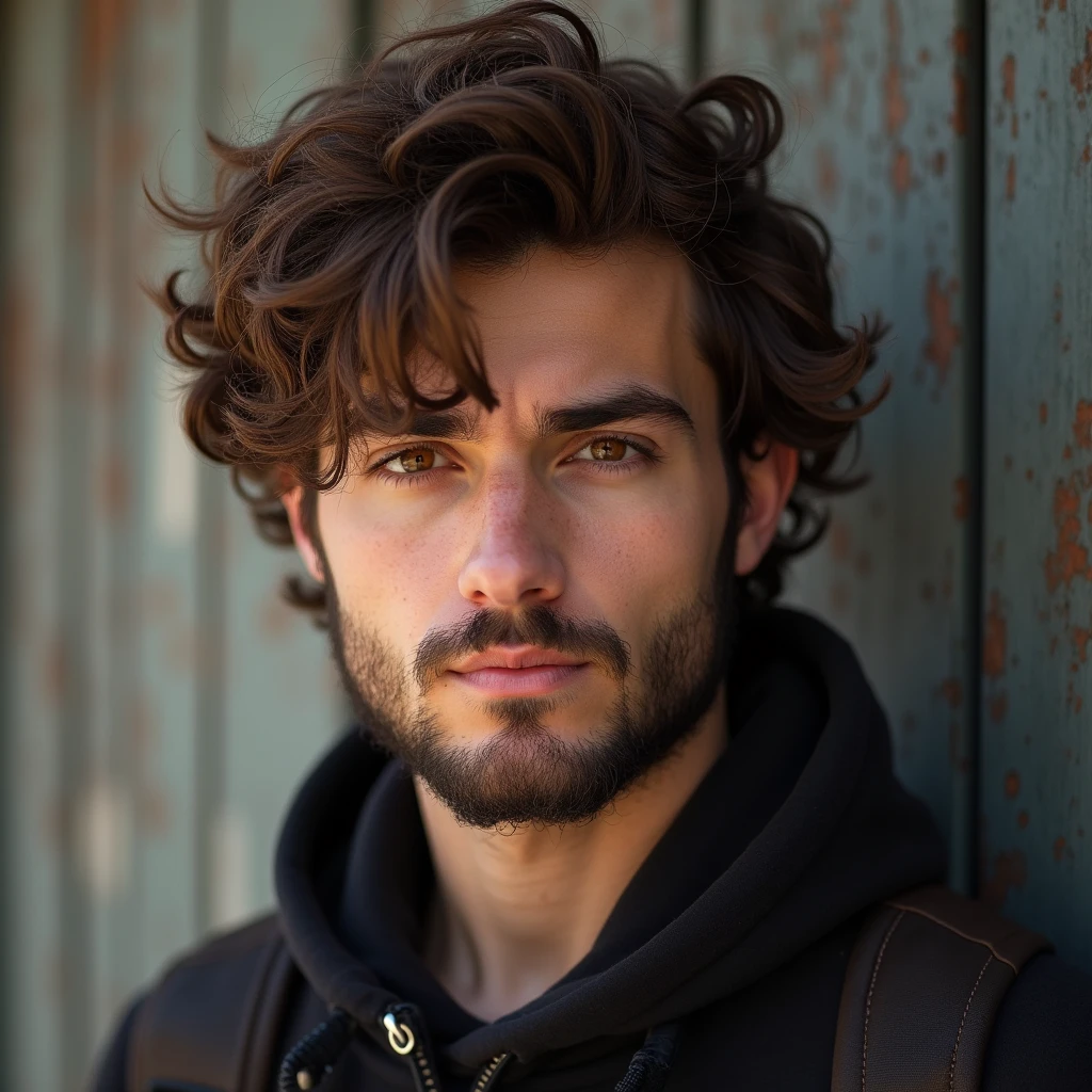 young man, brown fluffy hair, brown eyes, trained, streetwear, light beard shadow