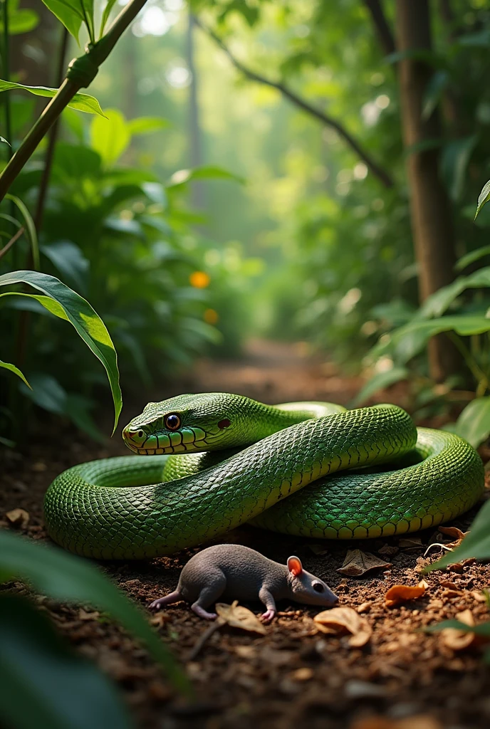 A snake being eaten by another snake, while trying to reach a dead rat to eat