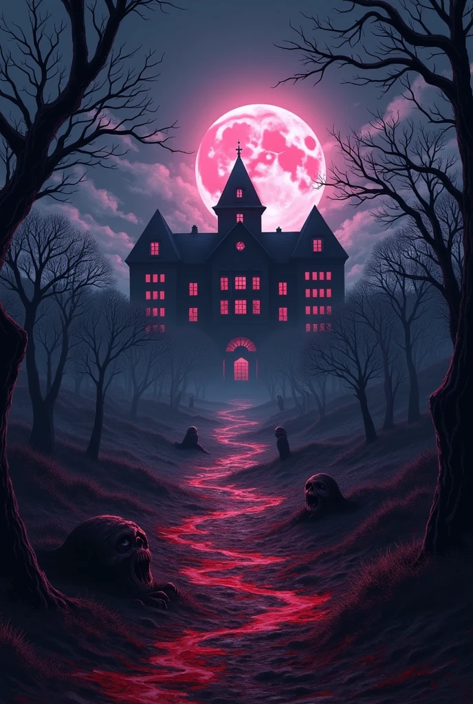 Generate a background that has the words "School of Nightmare" with an anime and horror theme in a horizontal format.