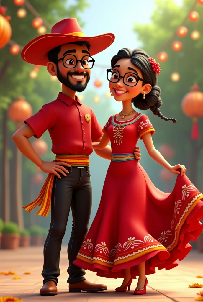 A couple dressed in typical Paraguayan dance clothes. The man is black-skinned, wears black pants with a typical warm-colored sash at the waist, a red ao po'i shirt and a black handkerchief at the neck, wears a hat, has a little beard, wears myopia glasses with black frames. The woman wears a long and wide skirt typical of red color, in the waist a thin sash of warm colors and a blouse of red ao po'i, has braids in the hair and uses round myopia glasses with thin frame and light brown color, animated 3D cartoon style.