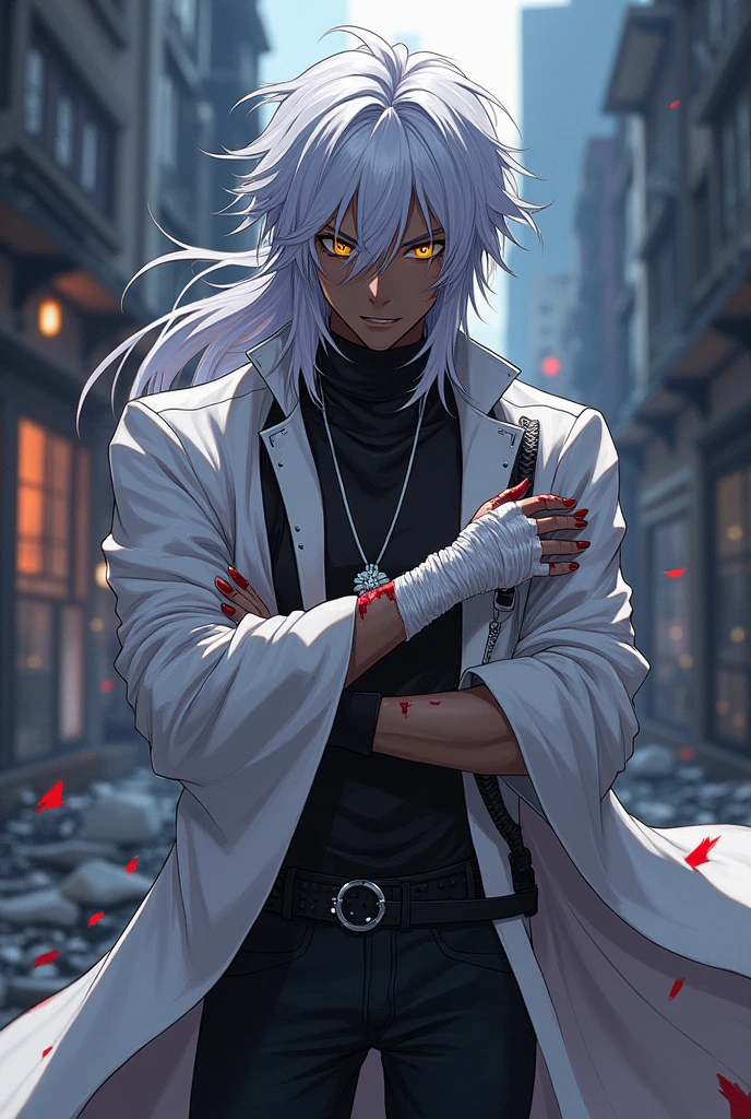 A black male anime character with white hair and golden pupils, wearing white clothing with black accents. , but he is injured