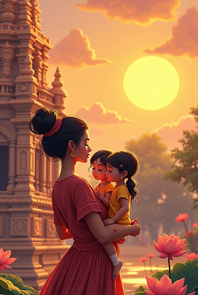 A married woman holding his two daughters in his arms praying in front of a hindu temple cartoon
